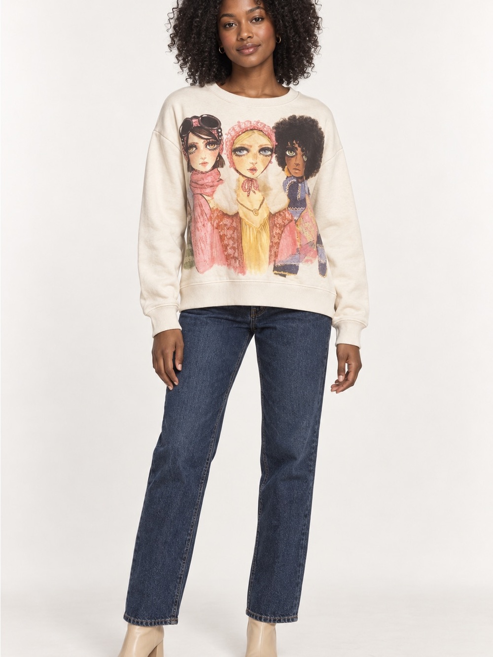 Zara Cream artistic three girl Graphic Sweatshirt SZ Large